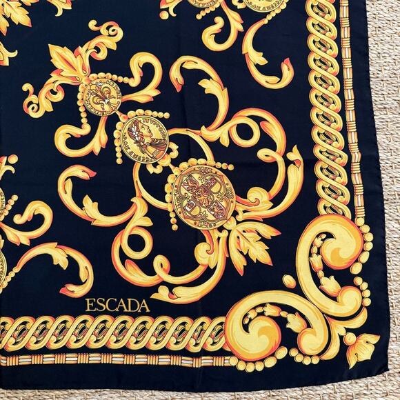 Escada Baroque Gold Black Silk Scarf 34”x35” - Picture 4 of 15